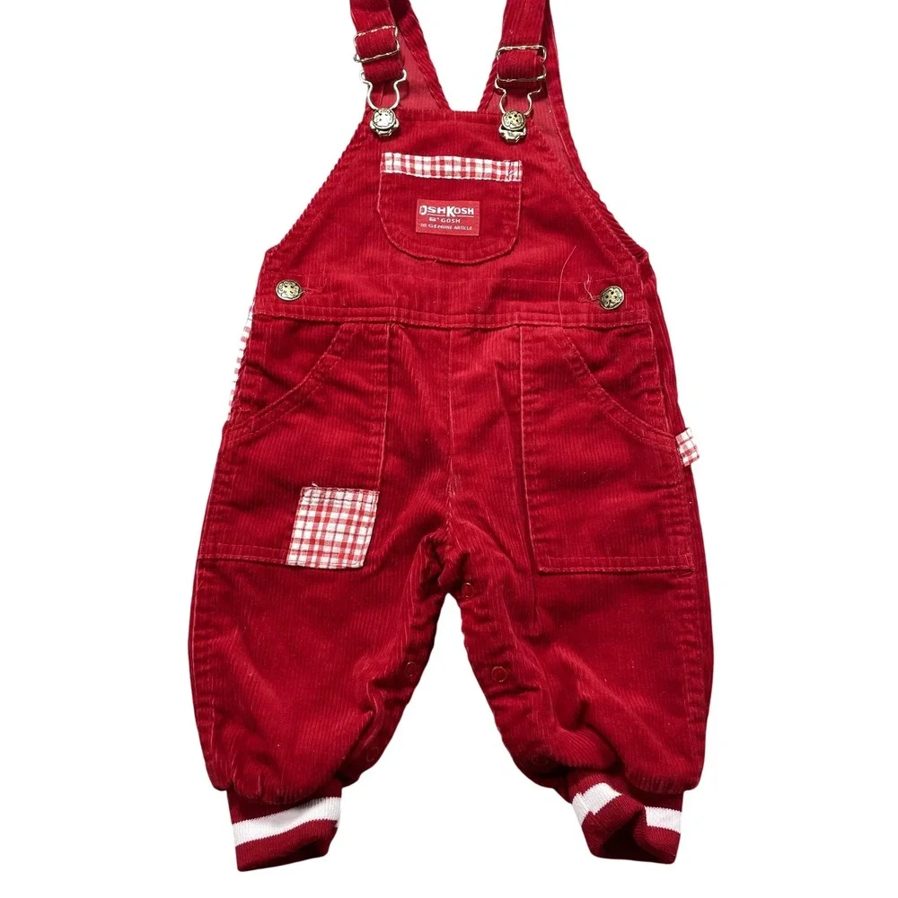 Vintage OshKosh B'gosh Overalls Infant Boys 12M Red Corduroy Gingham Vestbak USA